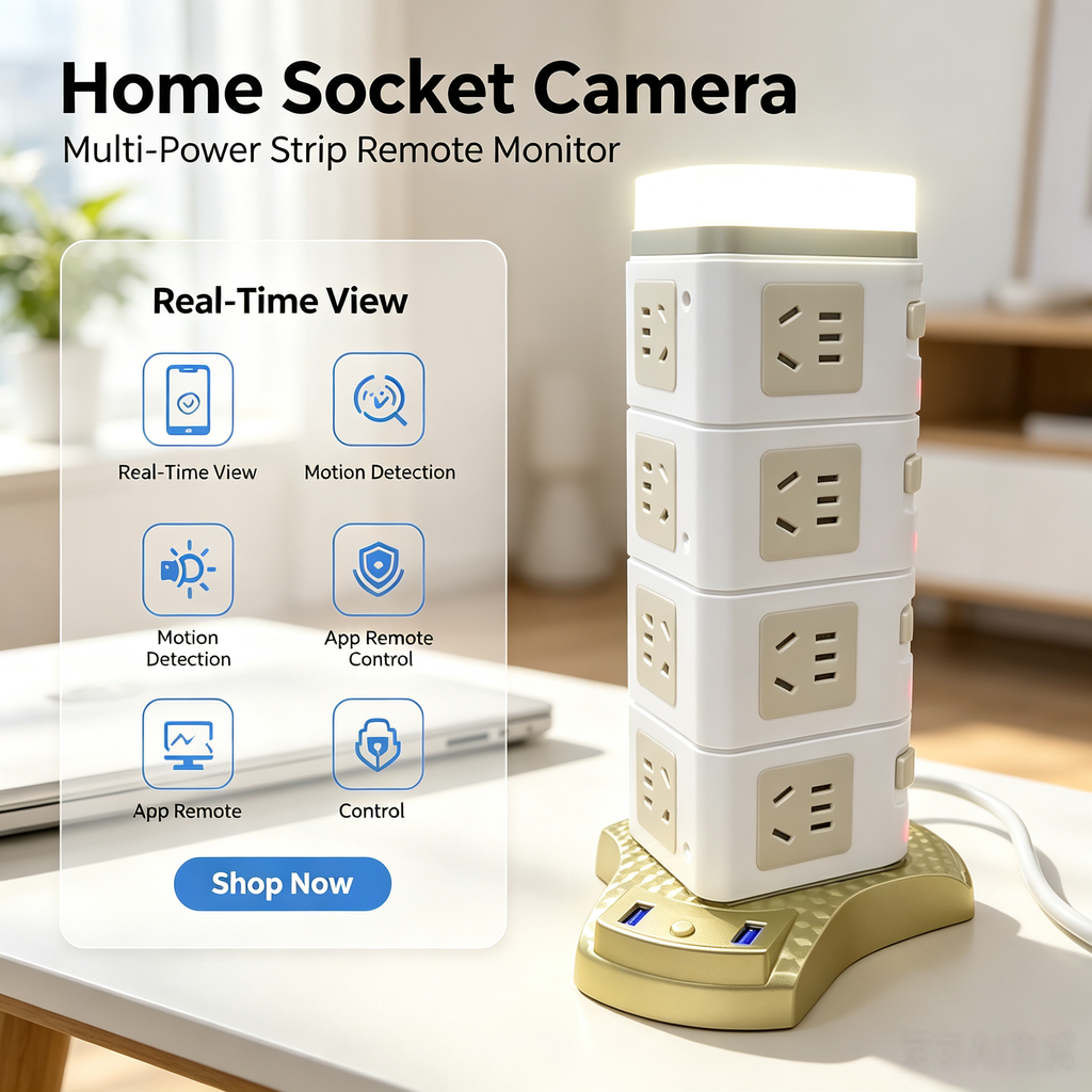 Multi-function socket model, remote control, real-time monitoring of home activities. Pinhole camera, camouflaged camera