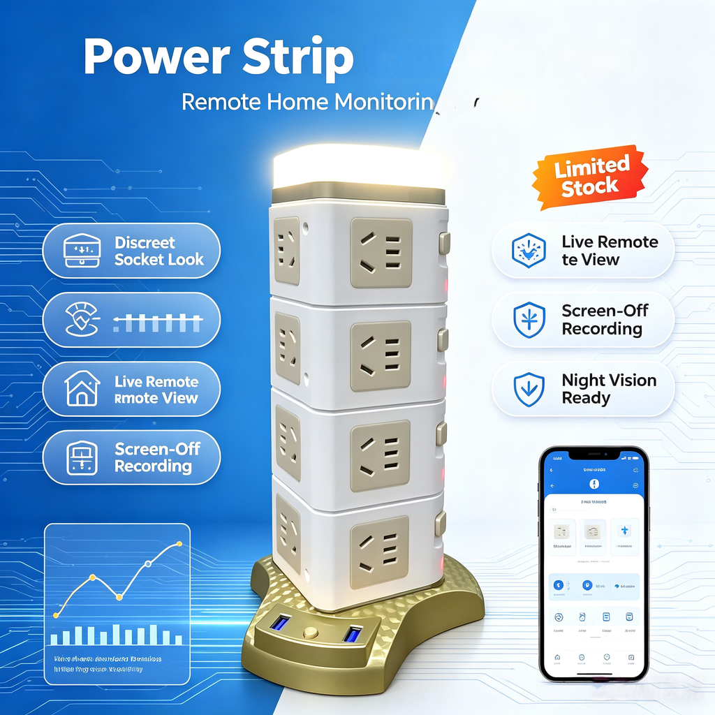 Multi-function socket model, remote control, real-time monitoring of home activities. Pinhole camera, camouflaged camera