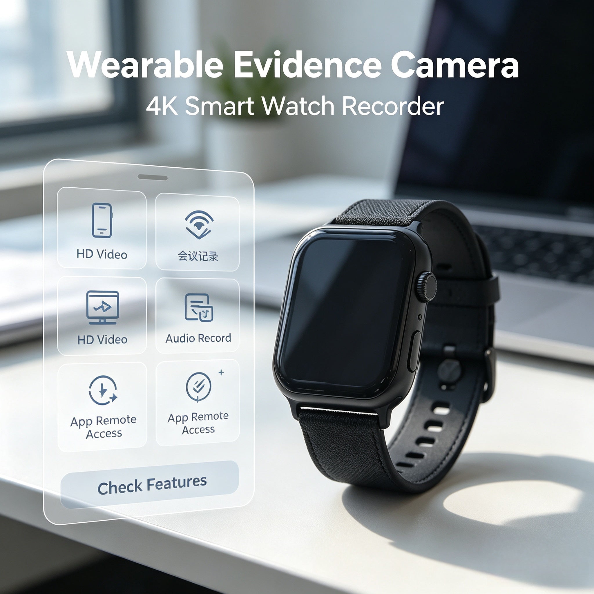 Evidence collection smartwatch, meeting notes, screen-off shooting, 4K high-definition camouflage camera
