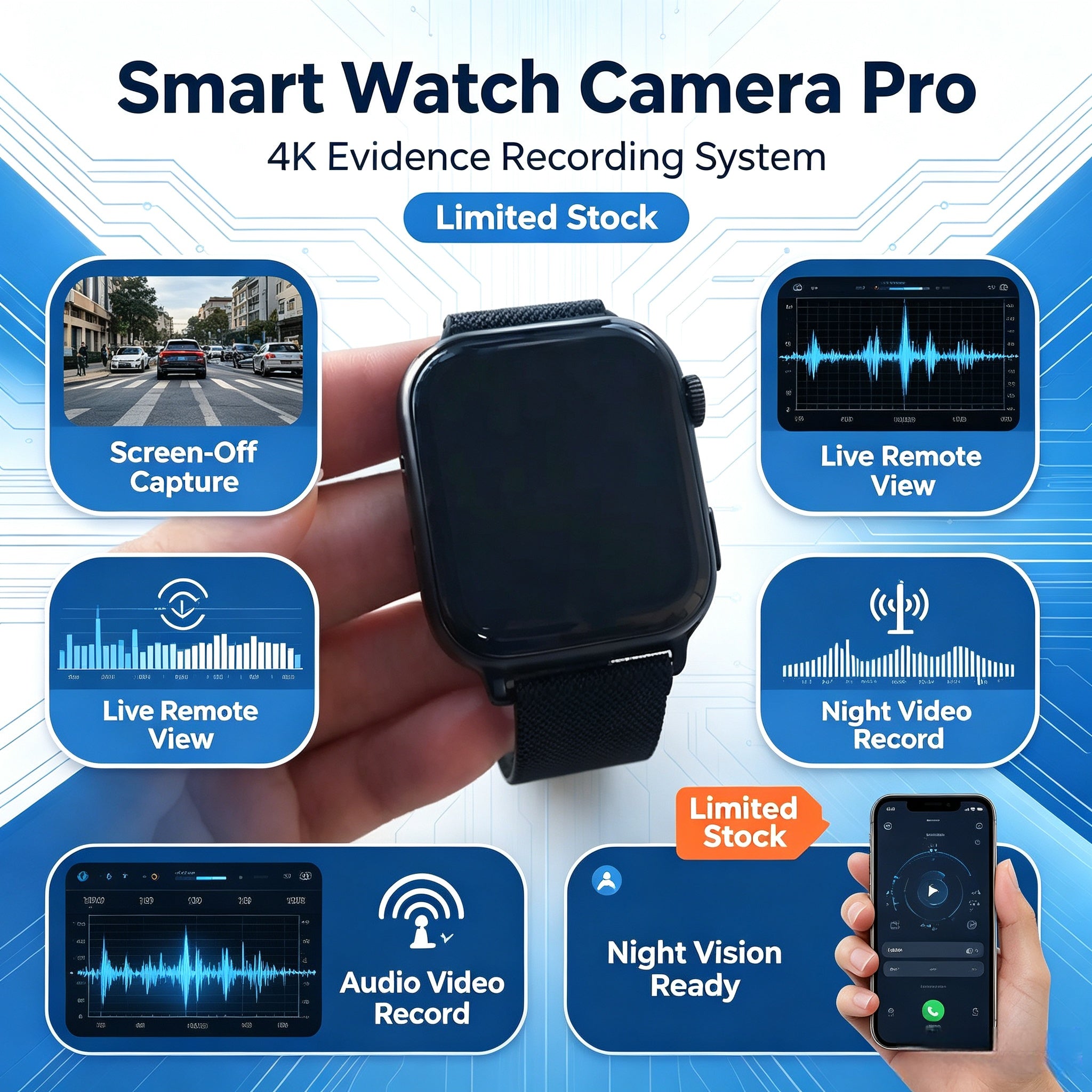 Evidence collection smartwatch, meeting notes, screen-off shooting, 4K high-definition camouflage camera