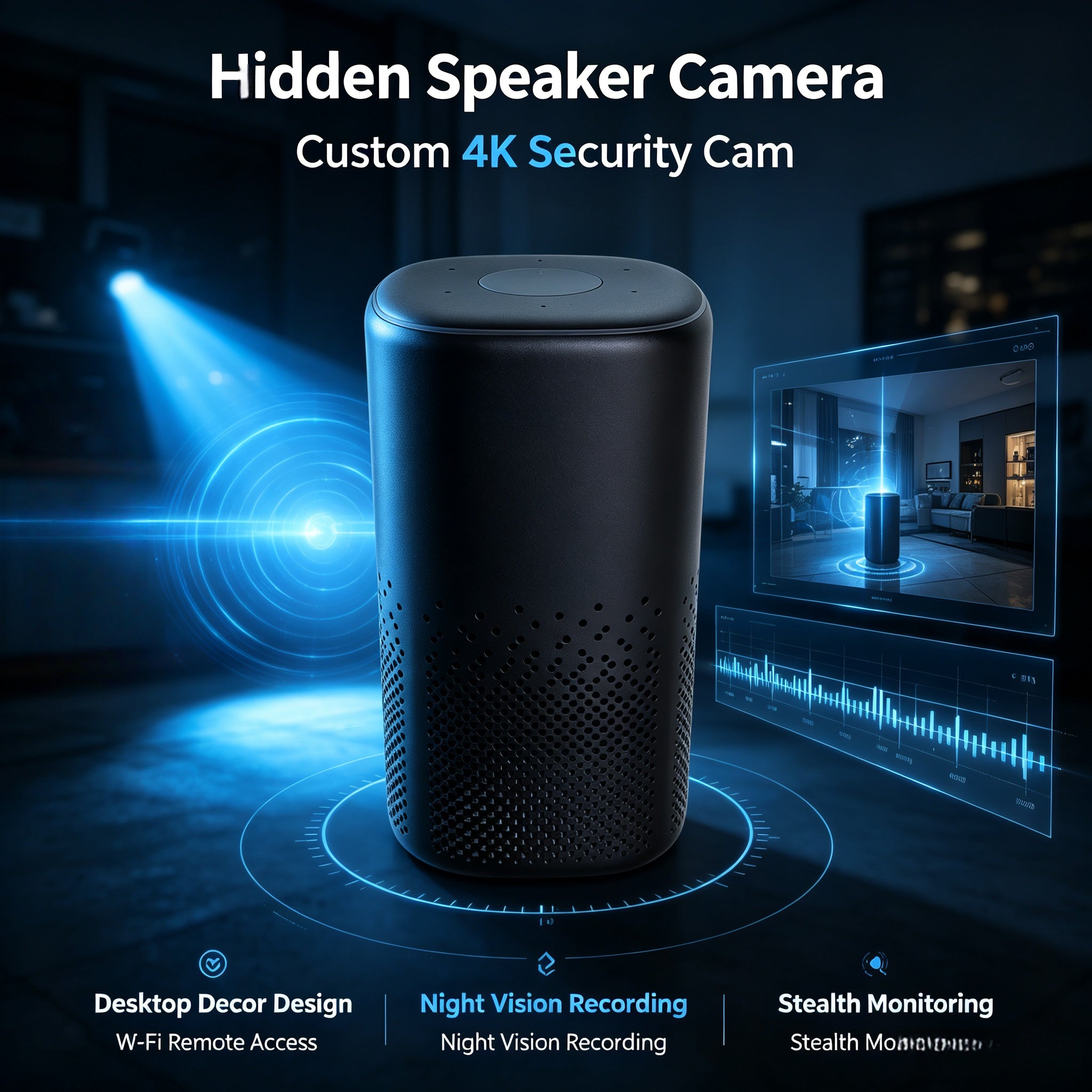 New speaker model with 4K HD and Wi-Fi connectivity, ideal for home surveillance—discreet recording with normal functionality. Can be modified to connect with smartphones, customizable as a desktop accessory