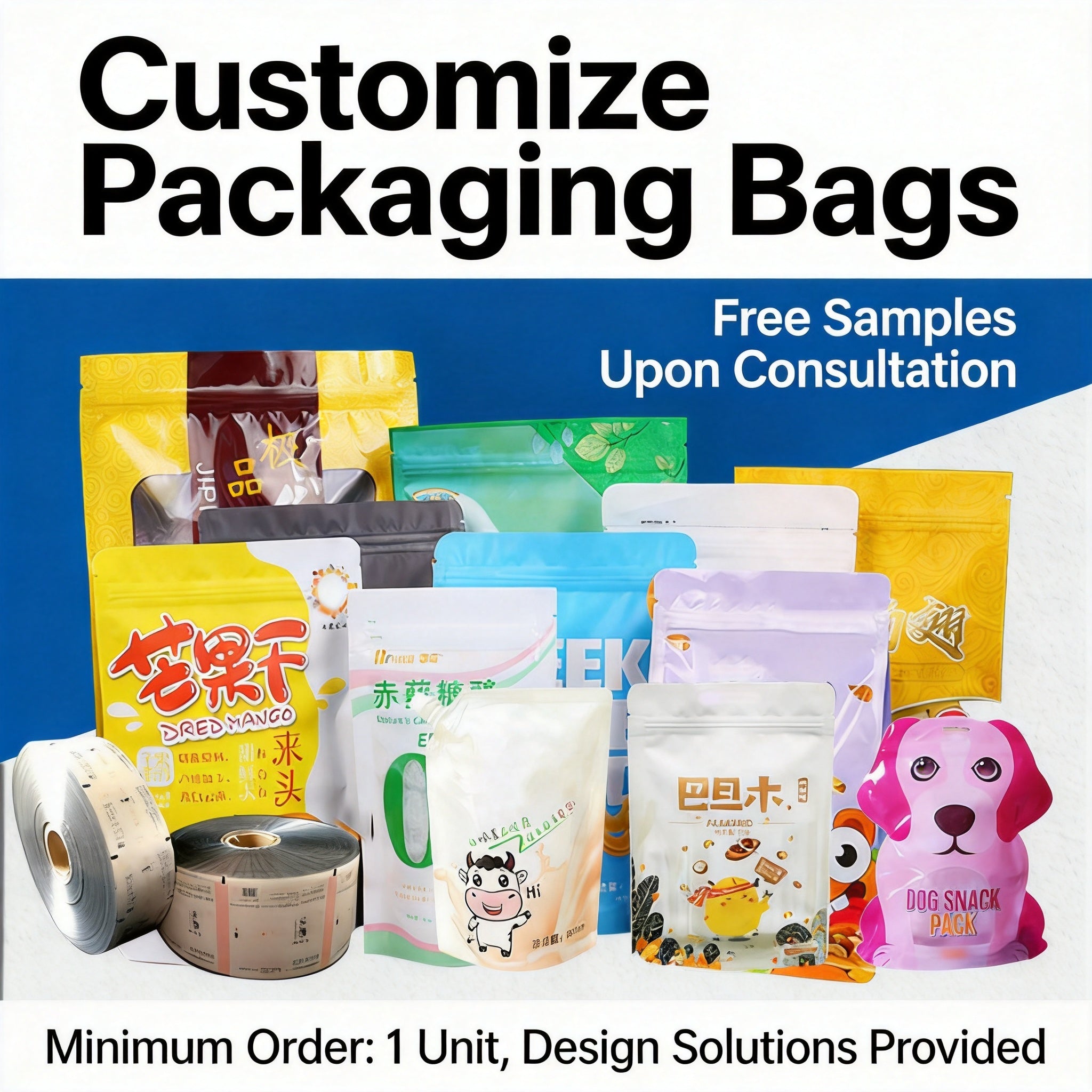 Custom food packaging ziplock stand-up vacuum bags, printable logo, wholesale manufacturer