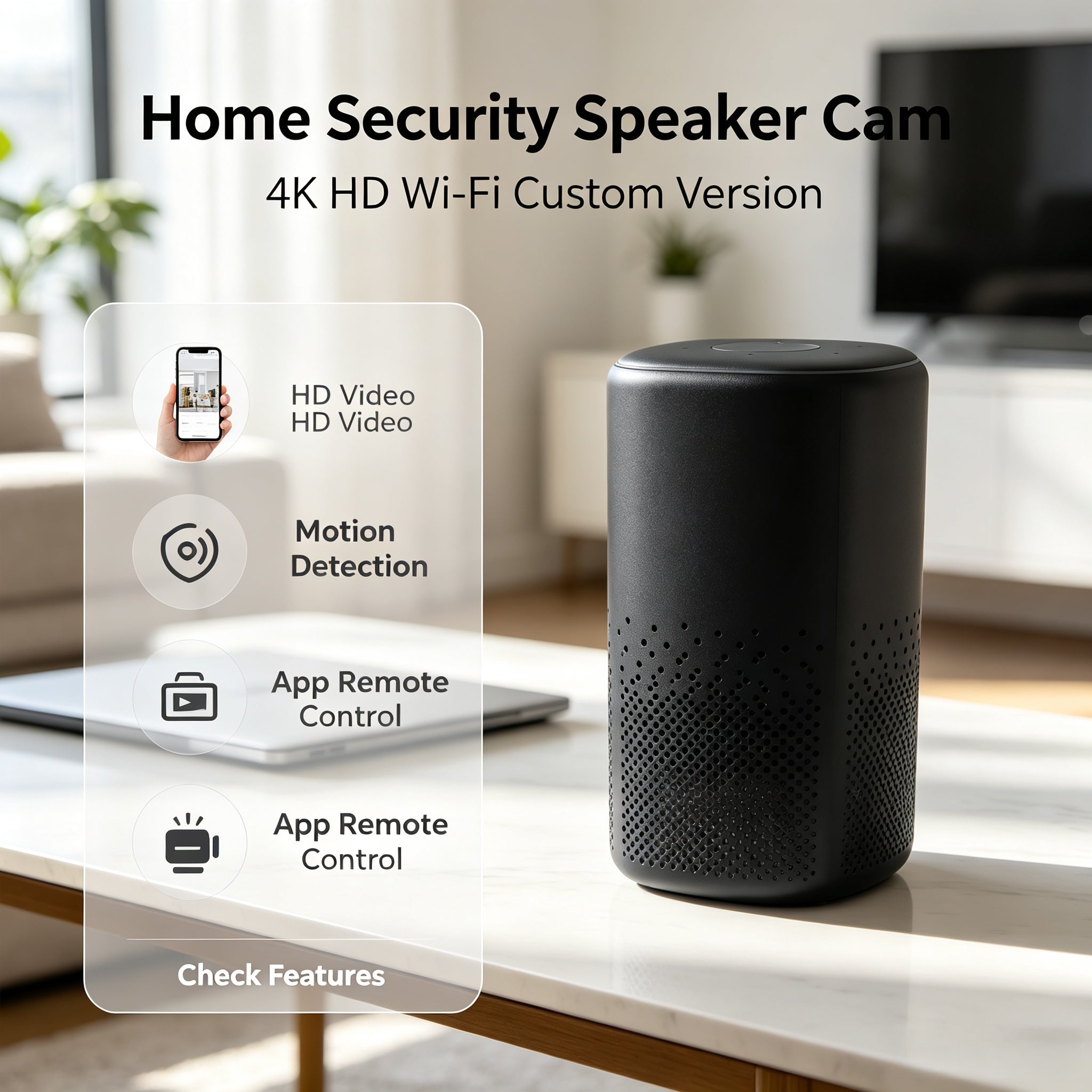 New speaker model with 4K HD and Wi-Fi connectivity, ideal for home surveillance—discreet recording with normal functionality. Can be modified to connect with smartphones, customizable as a desktop accessory
