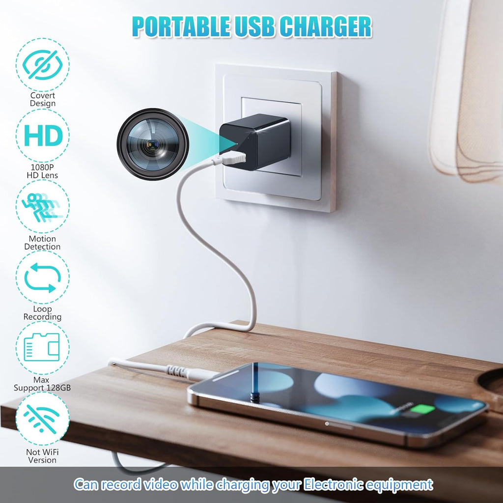 1080P Mini Camera charger for Pets 1080p Security Camera with 64G Card Night Vision and Motion Detection Plug Movie Monitor cameras for home（NO WIFI)）