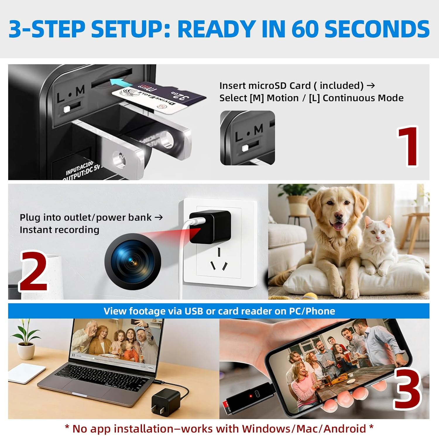 1080P Mini Camera charger for Pets 1080p Security Camera with 64G Card Night Vision and Motion Detection Plug Movie Monitor cameras for home（NO WIFI)）
