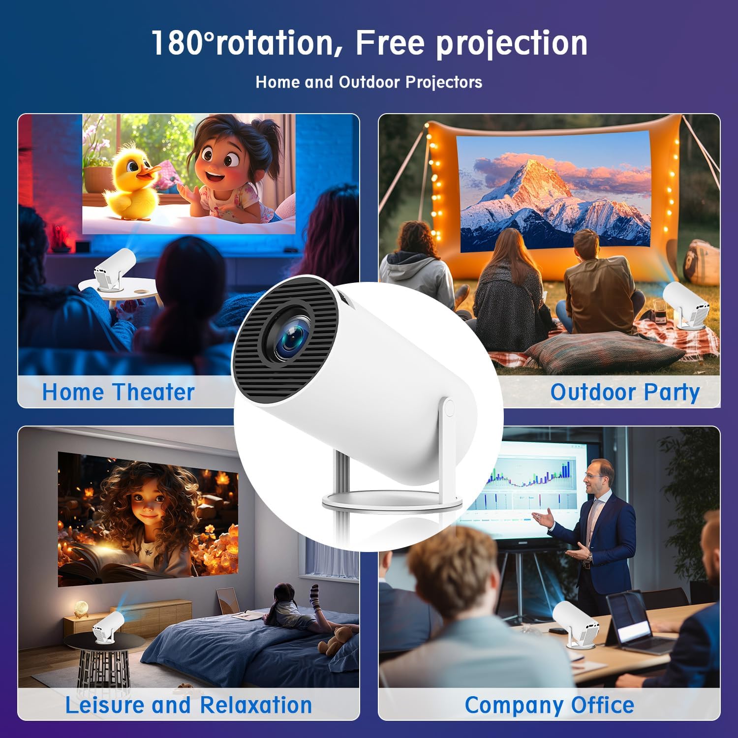 HY300 Pro+ Portable Projector - 290 ANSI Lumens, Native 1280x720p - Android 14 OS, 0.8:1 Short Throw Projection, WiFi 6, BT 5.4 - Home Cinema & Home Theater Multifunctional Mini Smart Projector