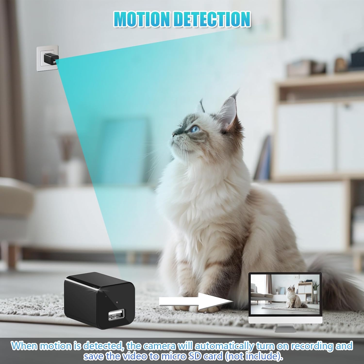 1080P Mini Camera charger for Pets 1080p Security Camera with 64G Card Night Vision and Motion Detection Plug Movie Monitor cameras for home（NO WIFI)）