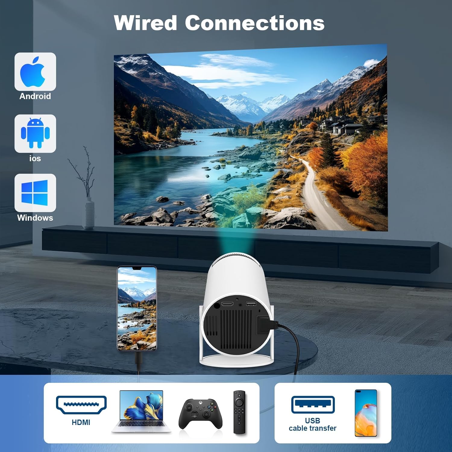 HY300 Pro+ Portable Projector - 290 ANSI Lumens, Native 1280x720p - Android 14 OS, 0.8:1 Short Throw Projection, WiFi 6, BT 5.4 - Home Cinema & Home Theater Multifunctional Mini Smart Projector