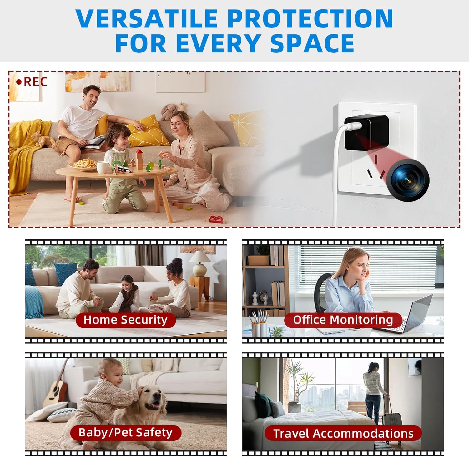 1080P Mini Camera charger for Pets 1080p Security Camera with 64G Card Night Vision and Motion Detection Plug Movie Monitor cameras for home（NO WIFI)）