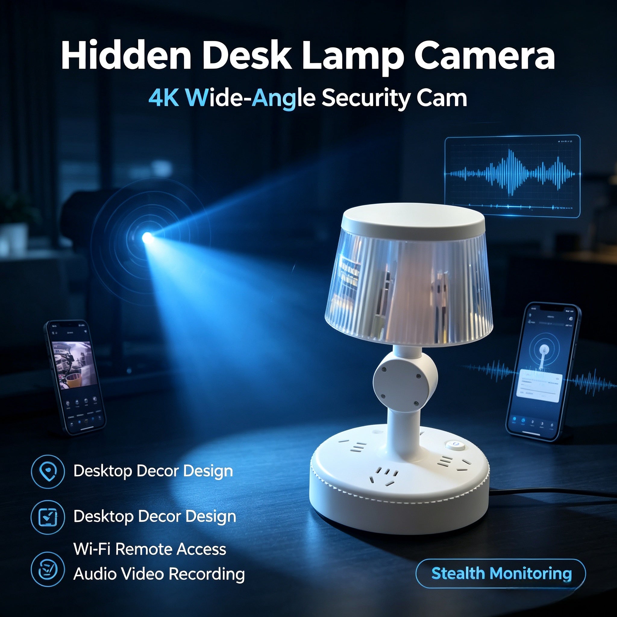 Multifunctional 4K Desk Lamp with Wide-Angle Lens for Recording and Video, Disguised Camera