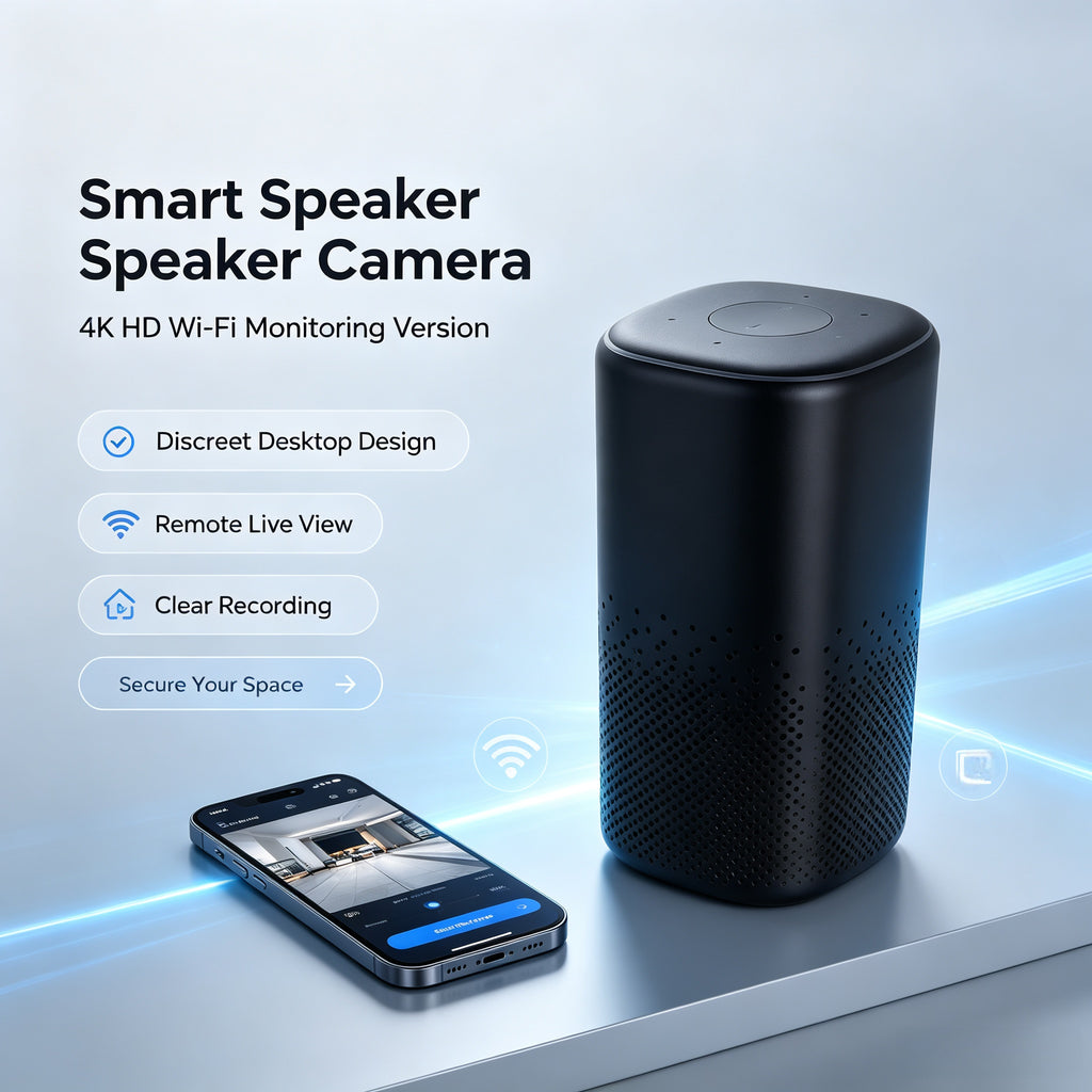 New speaker model with 4K HD and Wi-Fi connectivity, ideal for home surveillance—discreet recording with normal functionality. Can be modified to connect with smartphones, customizable as a desktop accessory